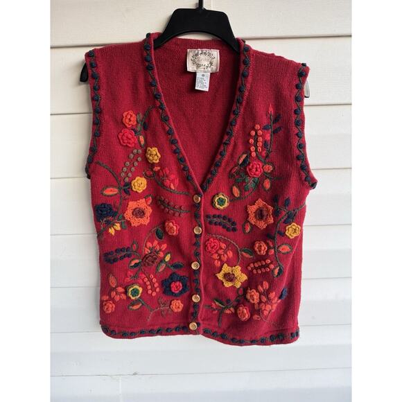 Vintage 90s Women’s M Erika Red Floral Knit Embroidered Button Down Vest Flowers - Picture 1 of 11